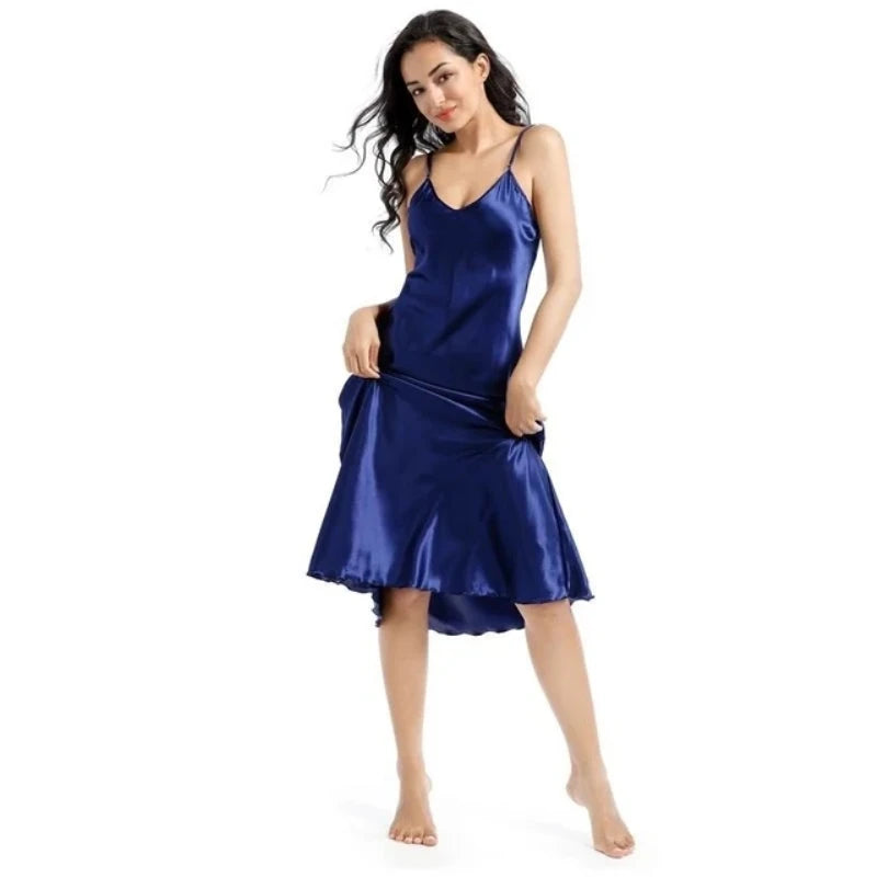 Plus Size Long Satin Slip Nightgown – Soft V-Neck Nightdress