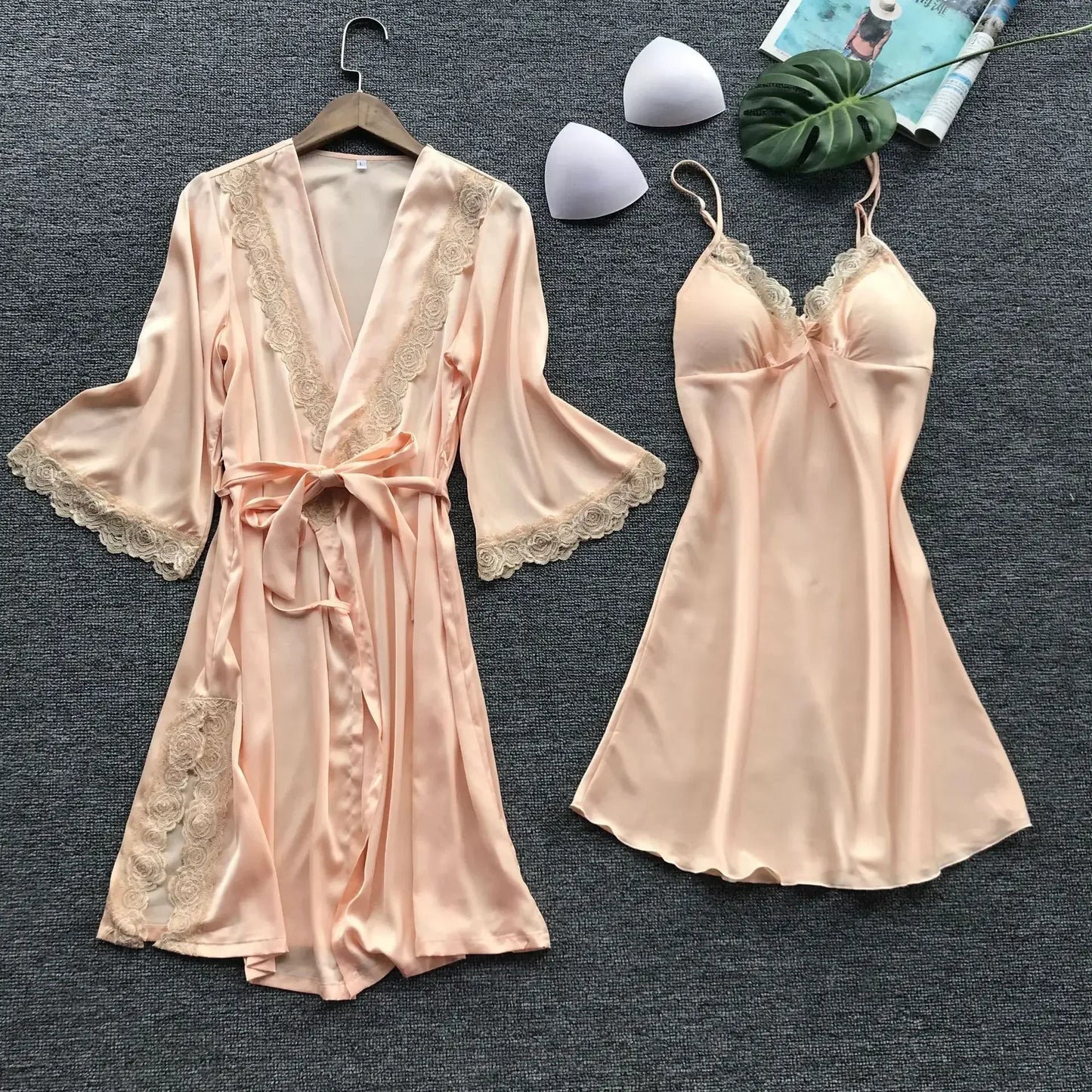 2-Piece Plus Size Satin Lace Sleepwear Set - Elegant Robe & Nightdress