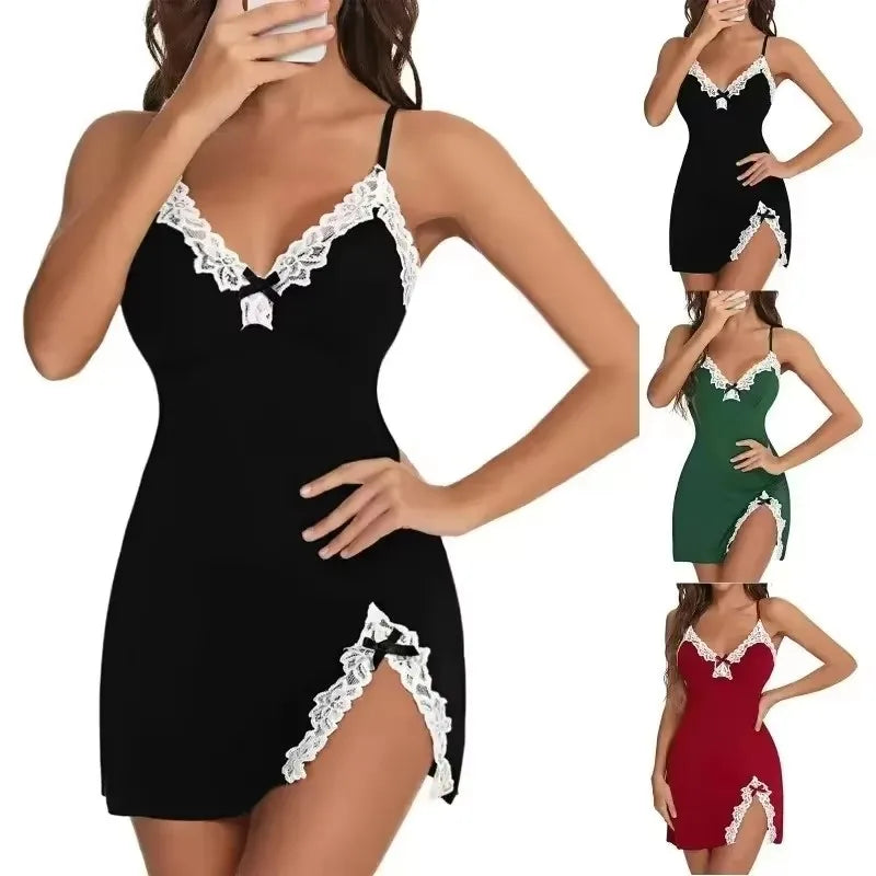 Plus Size Lace Satin Nightdress – Sleeveless V-Neck Nightgown
