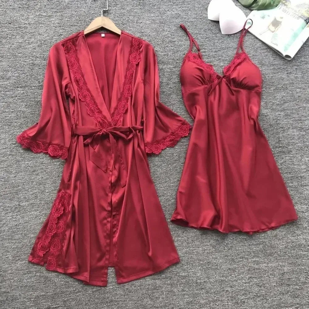 2-Piece Plus Size Satin Lace Sleepwear Set - Elegant Robe & Nightdress