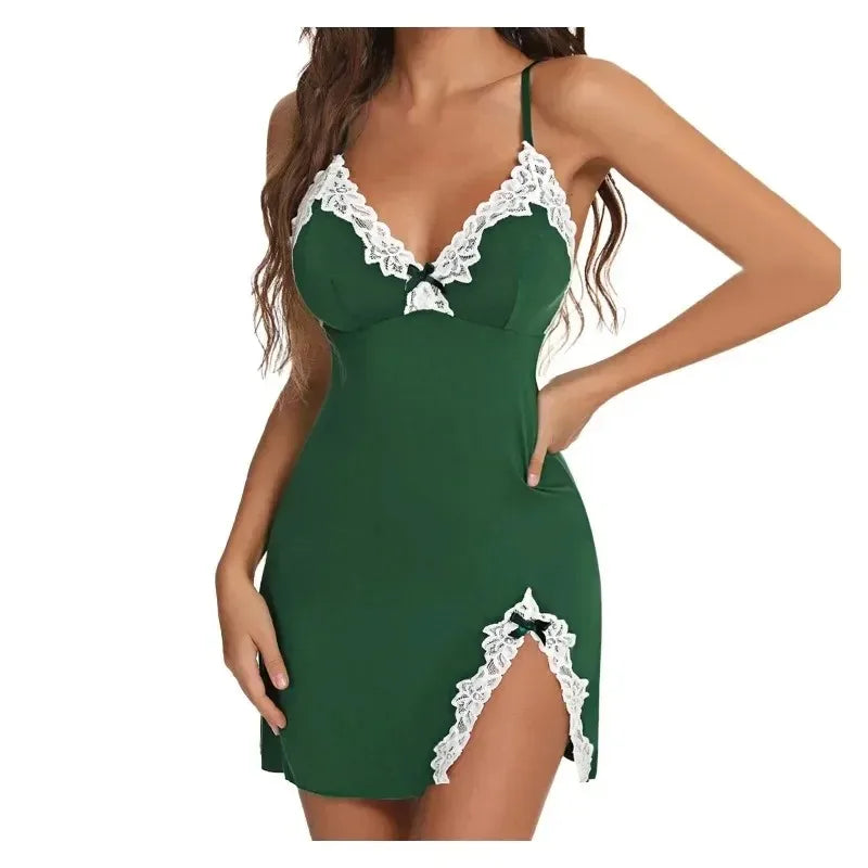 Plus Size Lace Satin Nightdress – Sleeveless V-Neck Nightgown
