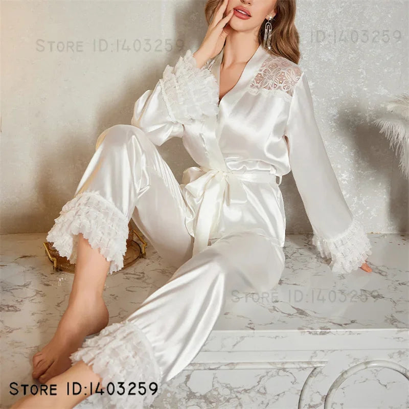Plus Size Lace Patchwork Ice Silk Pajama Set – Bridal Loungewear