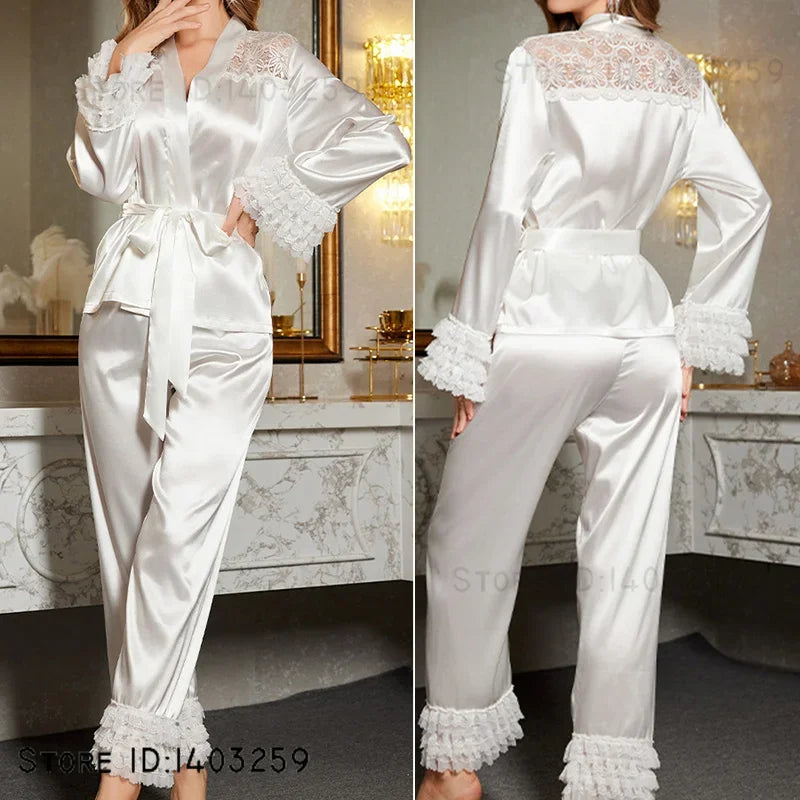 Plus Size Lace Patchwork Ice Silk Pajama Set – Bridal Loungewear
