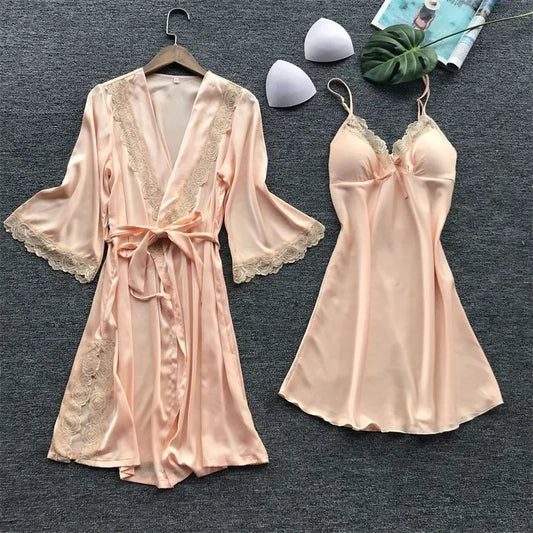 2-Piece Plus Size Satin Lace Sleepwear Set - Elegant Robe & Nightdress