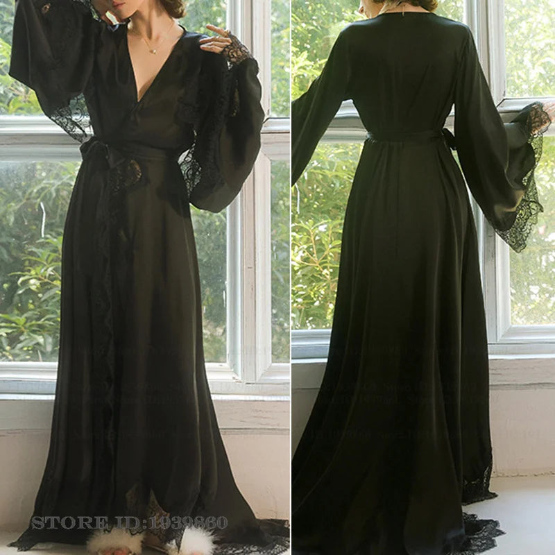 Plus Size Lace Bridal Robe & Silk Nightgown – One Size Fits All