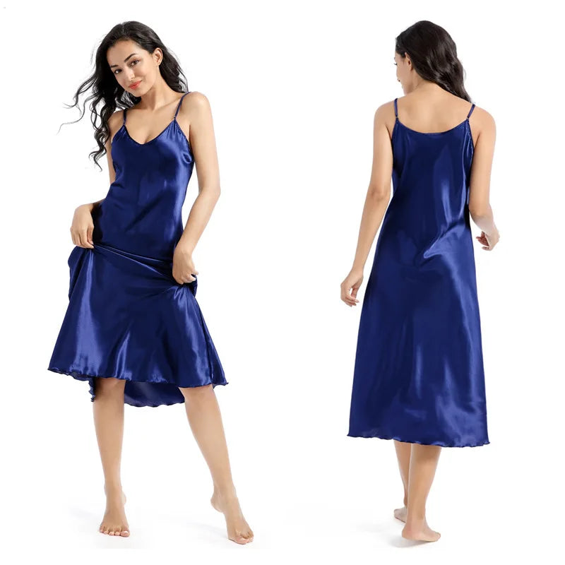 Plus Size Long Satin Slip Nightgown – Soft V-Neck Nightdress