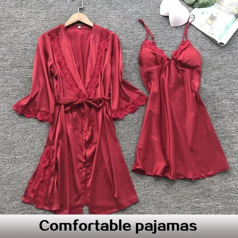 2-Piece Plus Size Satin Lace Sleepwear Set - Elegant Robe & Nightdress