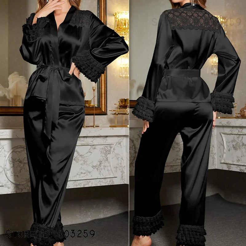 Plus Size Lace Patchwork Ice Silk Pajama Set – Bridal Loungewear