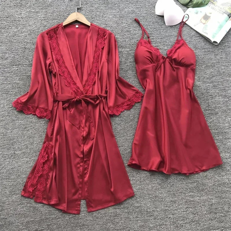 2-Piece Plus Size Satin Lace Sleepwear Set - Elegant Robe & Nightdress