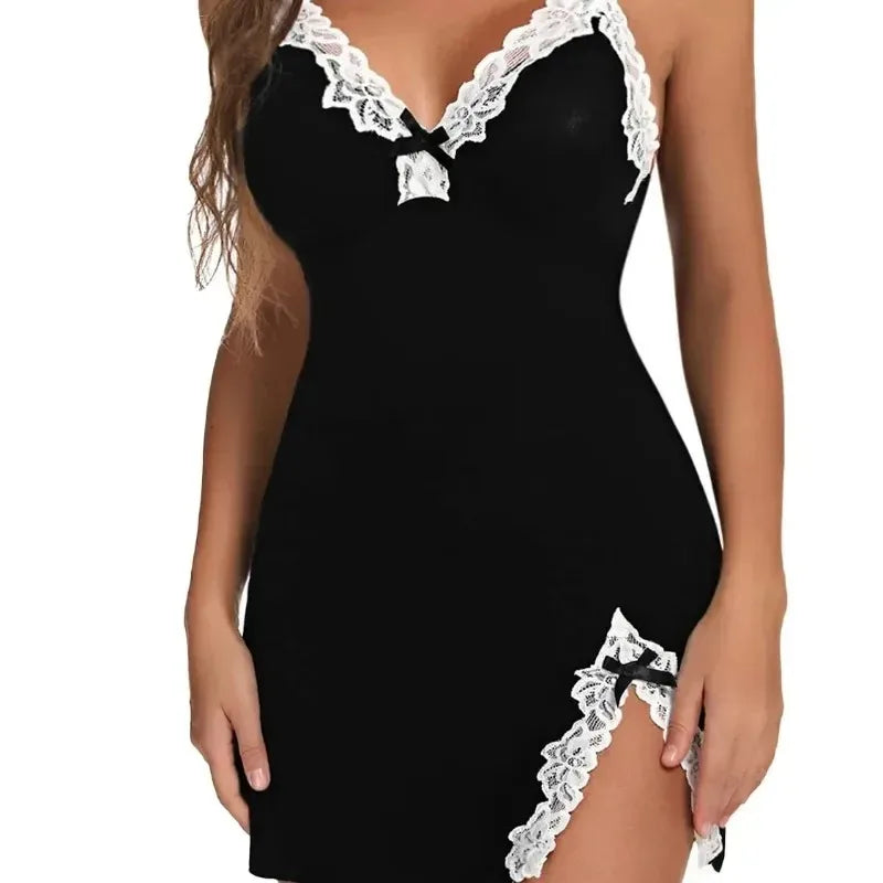 Plus Size Lace Satin Nightdress – Sleeveless V-Neck Nightgown