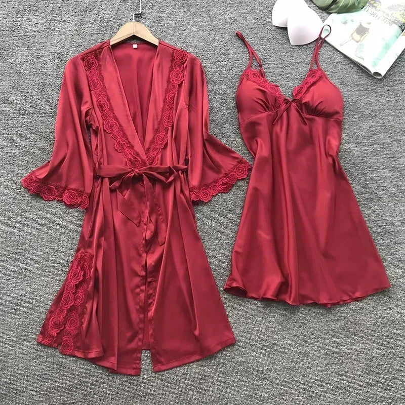 2-Piece Plus Size Satin Lace Sleepwear Set - Elegant Robe & Nightdress