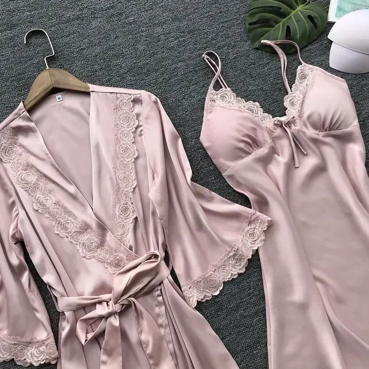 2-Piece Plus Size Satin Lace Sleepwear Set - Elegant Robe & Nightdress