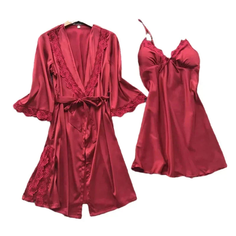 2-Piece Plus Size Satin Lace Sleepwear Set - Elegant Robe & Nightdress