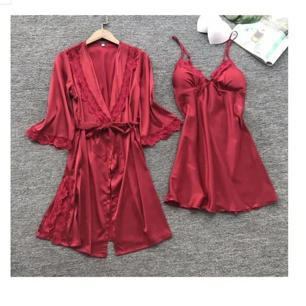 2-Piece Plus Size Satin Lace Sleepwear Set - Elegant Robe & Nightdress