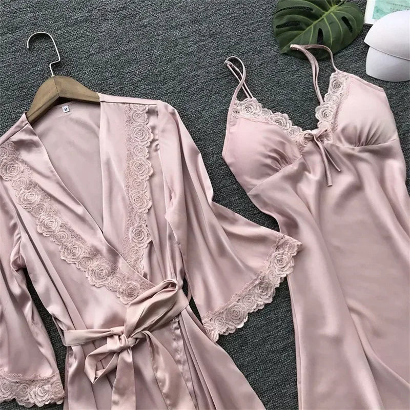2-Piece Plus Size Satin Lace Sleepwear Set - Elegant Robe & Nightdress