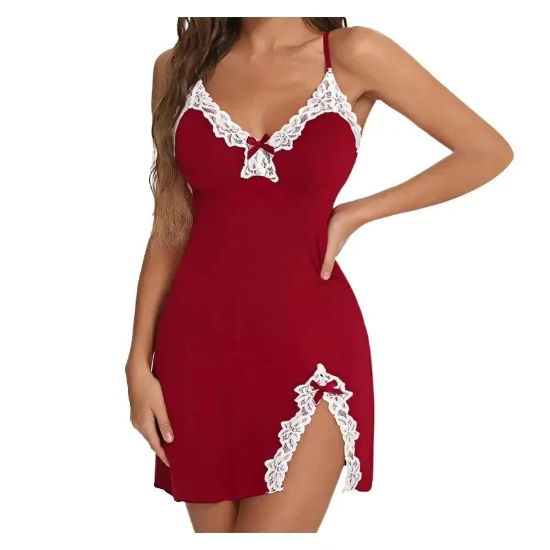 Plus Size Lace Satin Nightdress – Sleeveless V-Neck Nightgown