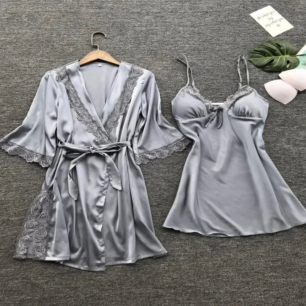 2-Piece Plus Size Satin Lace Sleepwear Set - Elegant Robe & Nightdress