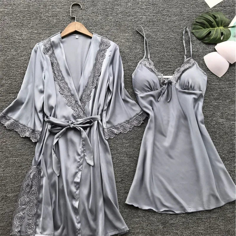 2-Piece Plus Size Satin Lace Sleepwear Set - Elegant Robe & Nightdress