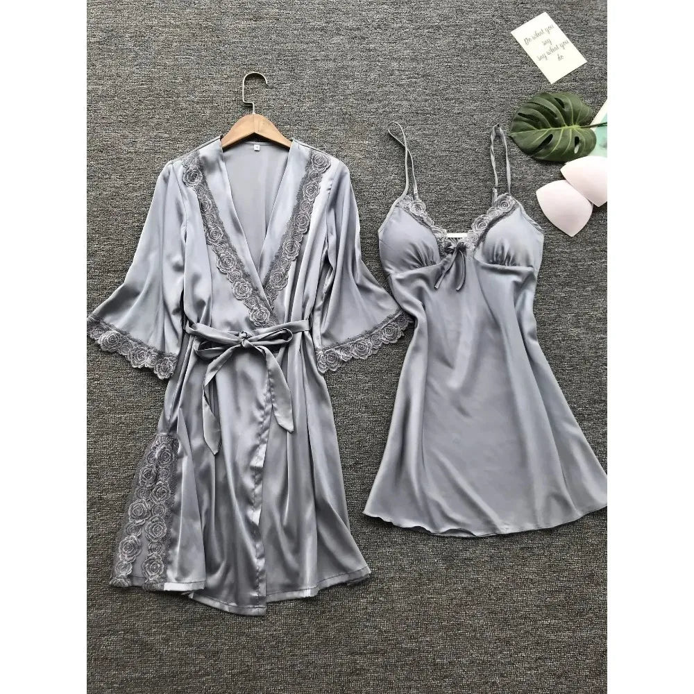 2-Piece Plus Size Satin Lace Sleepwear Set - Elegant Robe & Nightdress